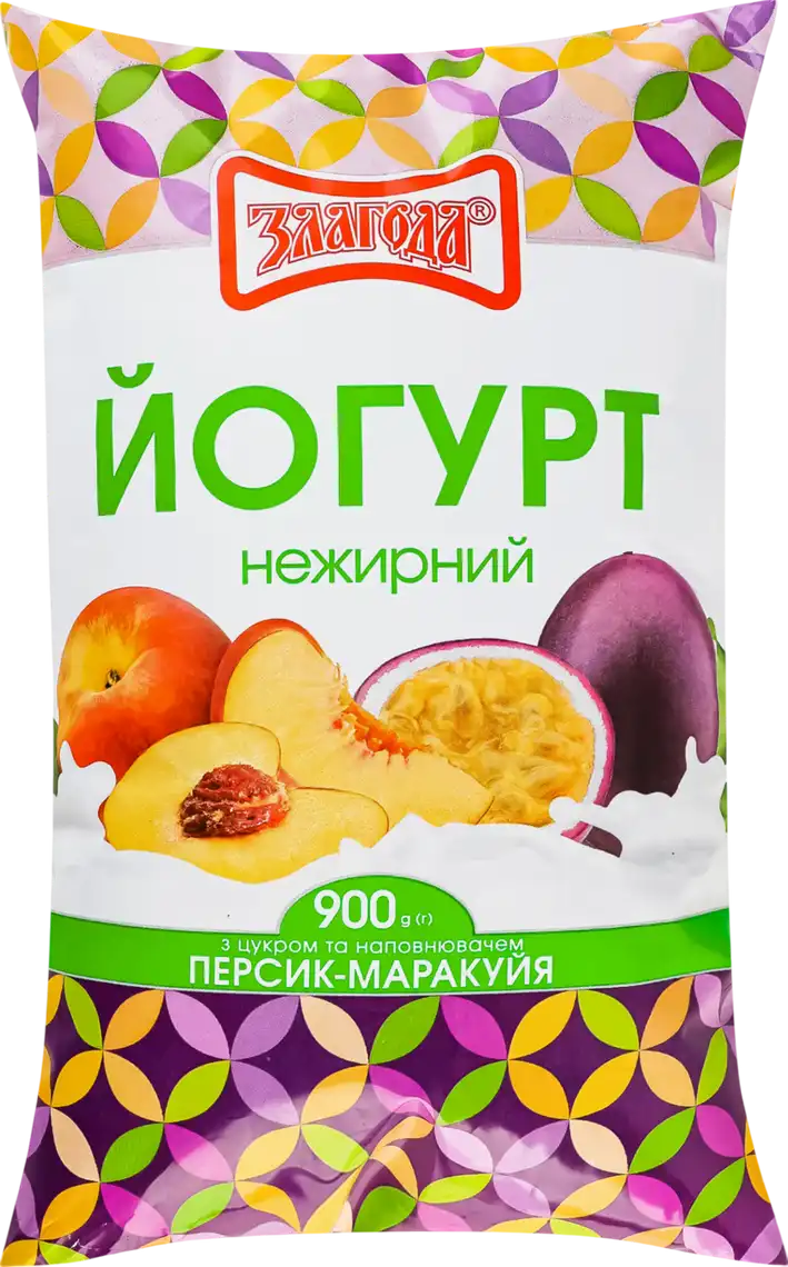 Фото 1 - Йогурт Злагода нежирний персик-маракуйя 900 г