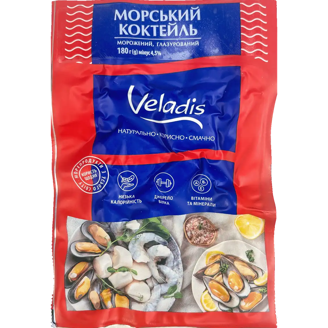 Фото 1 - Морський коктейль Veladis глазурований варено-морожений 180 г