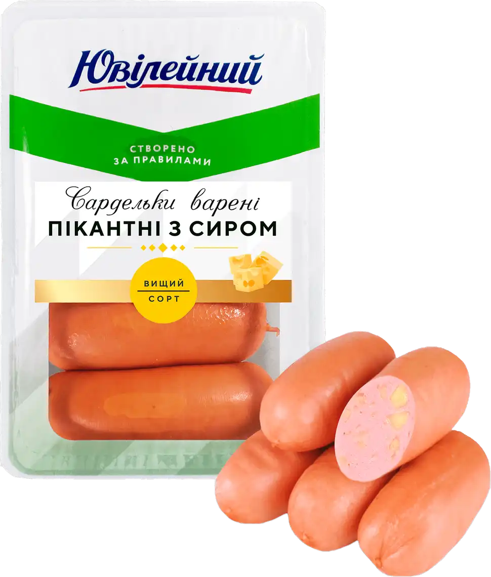 Фото 1 - Сардельки Ювілейний Пікантні з сиром вищий гатунок порційні вагові