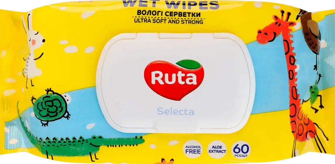 Фото 1 - Серветки Ruta Selecta Веселі звірята вологі 60 шт