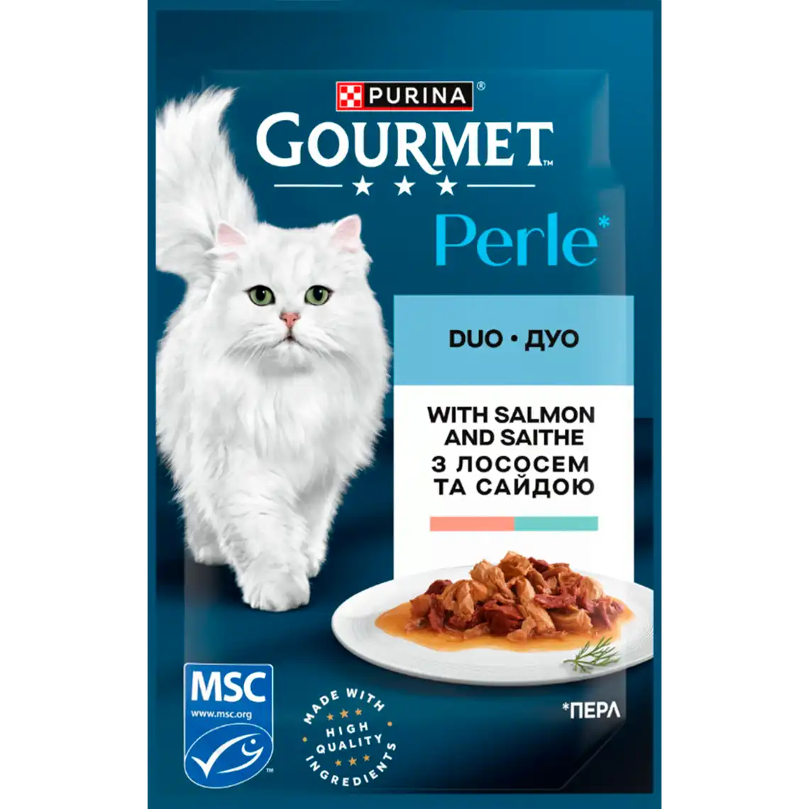 Фото 1 - Вологий корм Gourmet Perle Duo для дорослих котів міні філе у підливці з лососем та сайдою 85 г