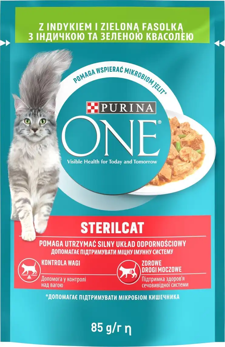 Фото 1 - Вологий корм PURINA ONE Sterilcat для дорослих котів після стерилізації шматочки в соусі з індичкою та зеленою квасолею 85 г