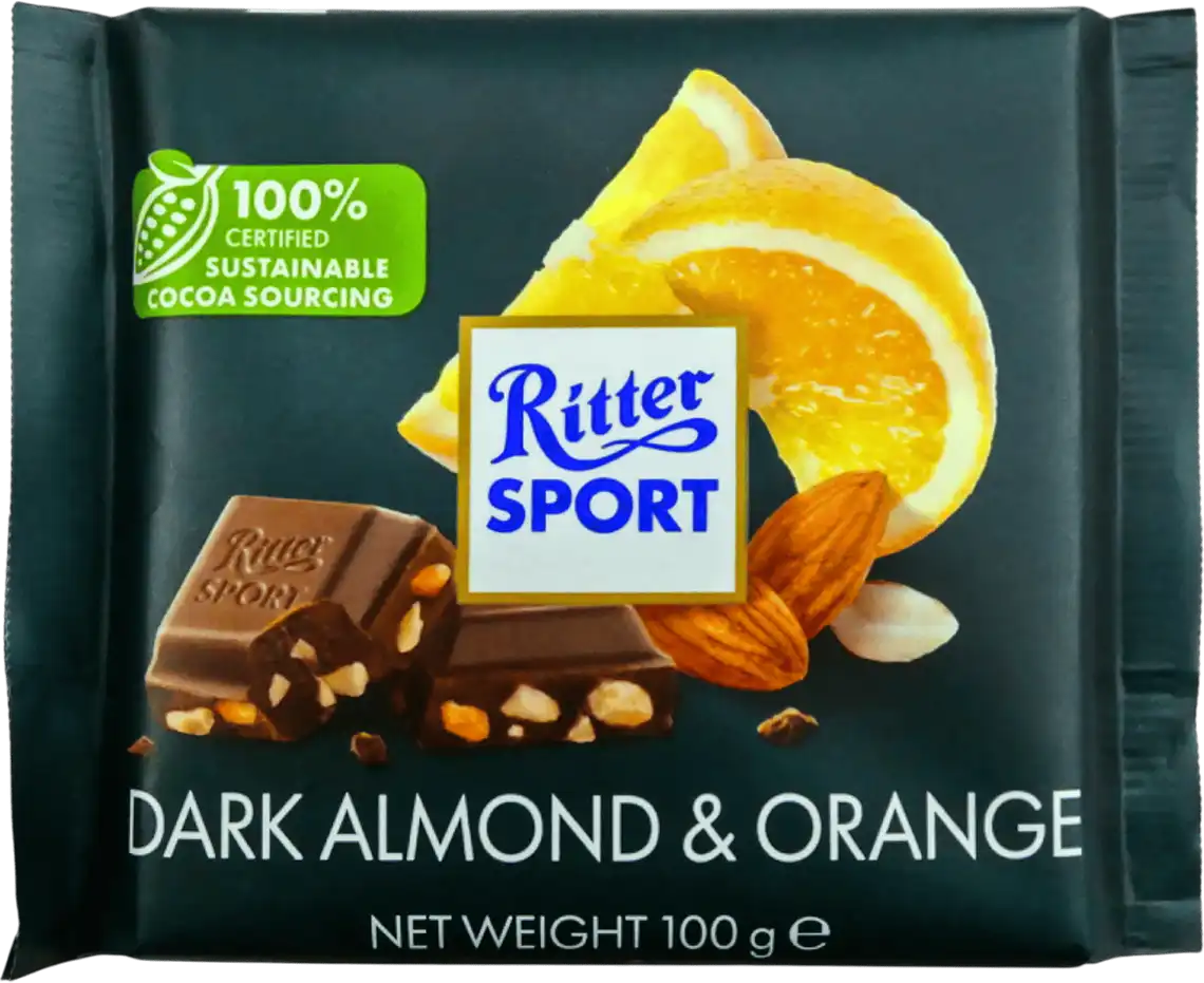 Фото 1 - Шоколад Ritter Sport чорний з мигдалем і апельсином 100 г