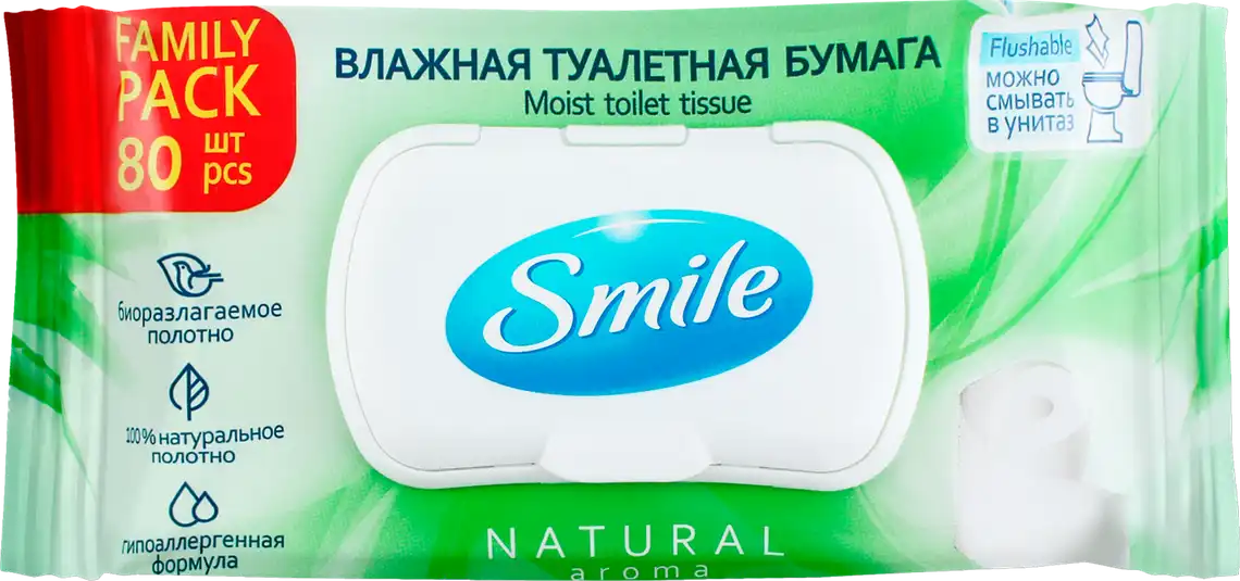 Фото 1 - Папір туалетний Smile Family Natural Aroma вологий з клапаном 80 шт