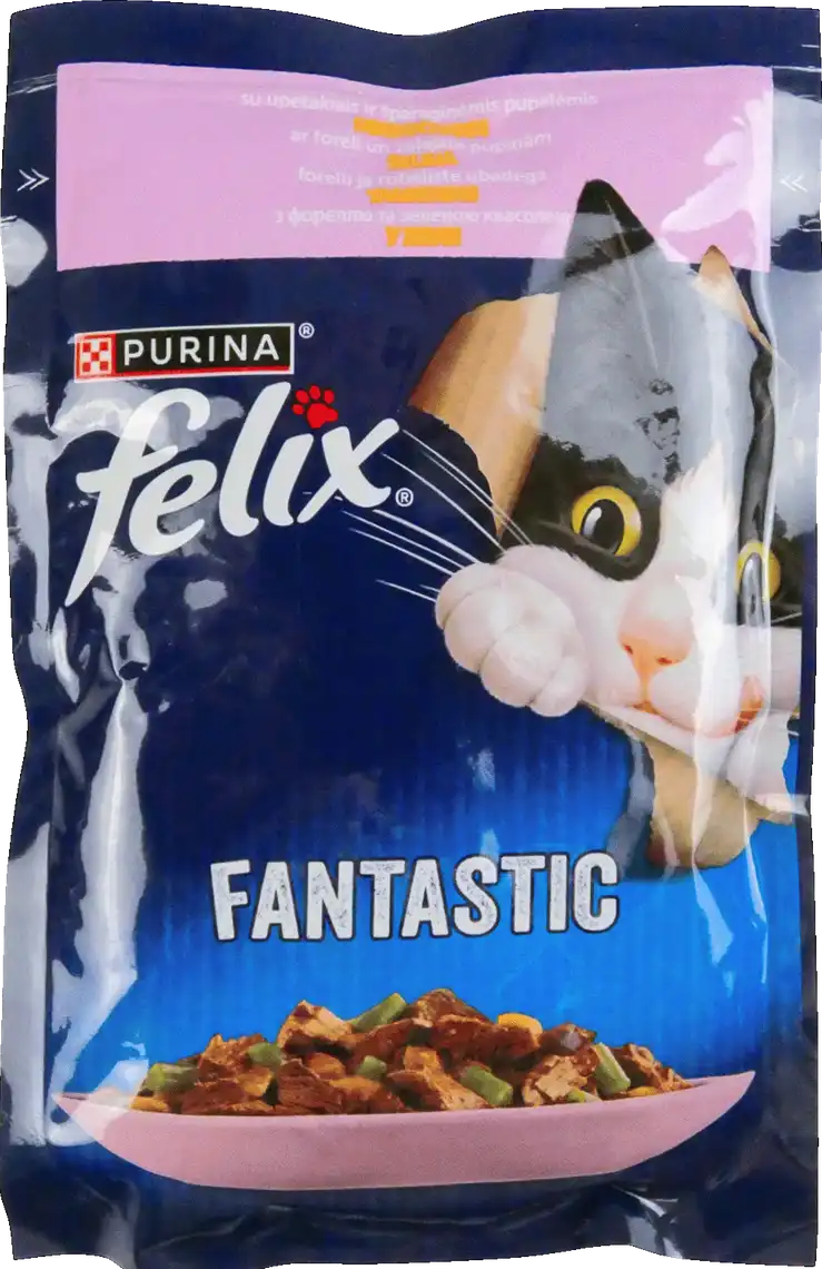 Фото 1 - Вологий корм Felix Fantastic для дорослих котів шматочки в желе з фореллю та зеленими бобами 85 г