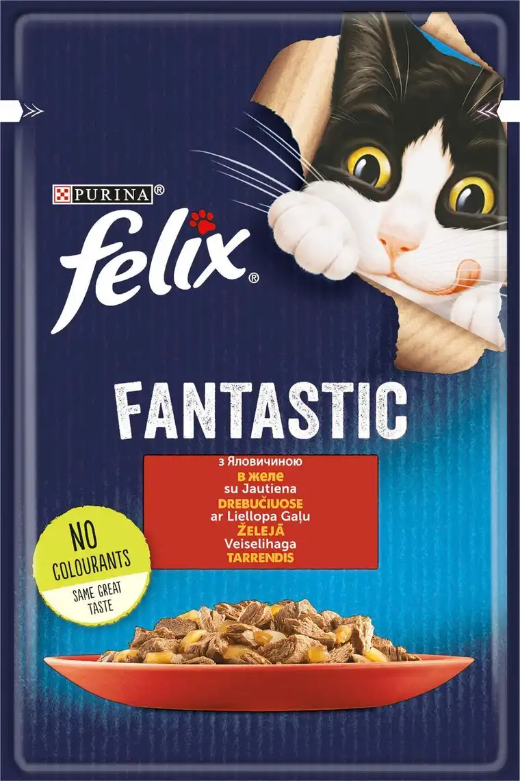 Фото 1 - Вологий корм Felix Fantastic для дорослих котів шматочки в желе з яловичиною 85 г