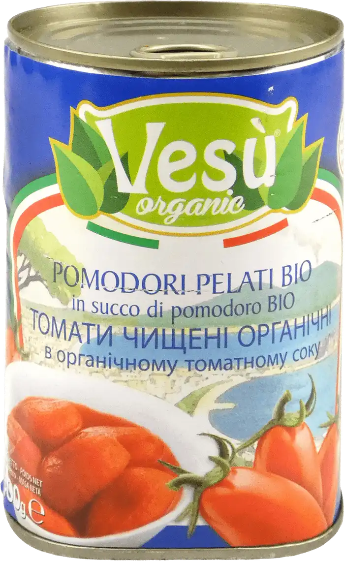 Фото 1 - Томати консервовані Vesu organic органічні чищені цілі 400 г