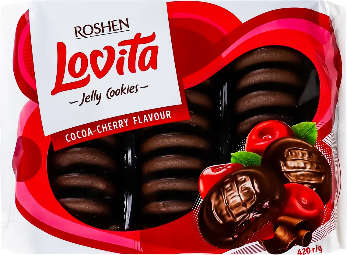 Фото 1 - Печиво Roshen Lovita Jelly Cookies зі смаком какао та вишні 420 г
