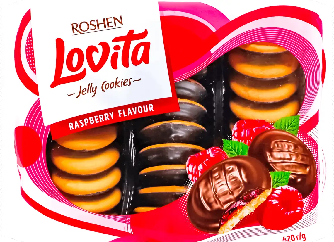 Фото 1 - Печиво Roshen Lovita Jelly Cookies зі смаком малини здобне 420 г