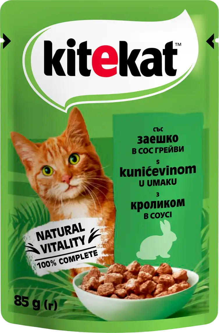 Фото 1 - Корм вологий Kitekat з кроликом в соусі для дорослих котів 85г