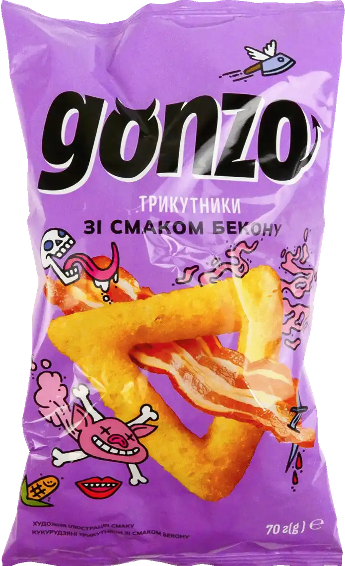 Фото 1 - Кукурудзяні трикутники Gonzo зі смаком бекону 70 г