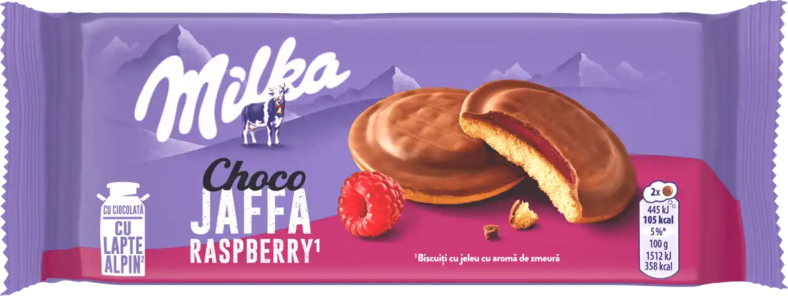 Фото 1 - Печиво Milka Choco Jaffa бісквітне зі смаком малини 147 г 