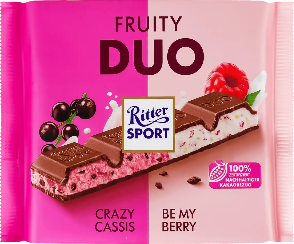 Фото 1 - Шоколад Ritter Sport Fruity Duo молочний з начинкою малина та смородина 218 г