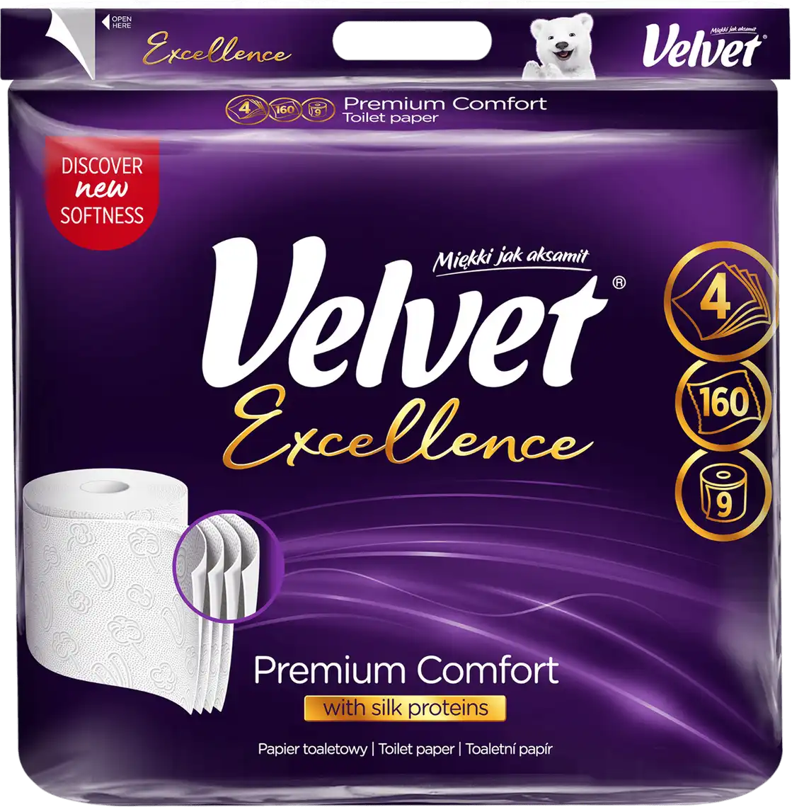 Фото 1 - Папір туалетний Velvet Excellence Silk Proteins 4-шаровий 9 рулонів