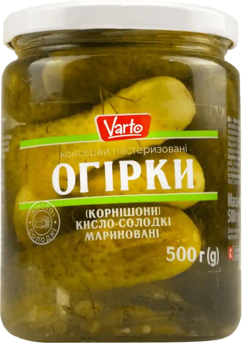 Фото 1 - Огірки корнішони Varto мариновані кисло-солодкі 500 г