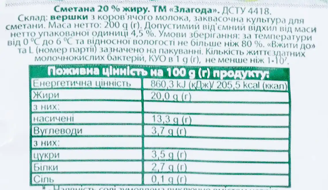 Фото 2 - Сметана Злагода 20% 200 г