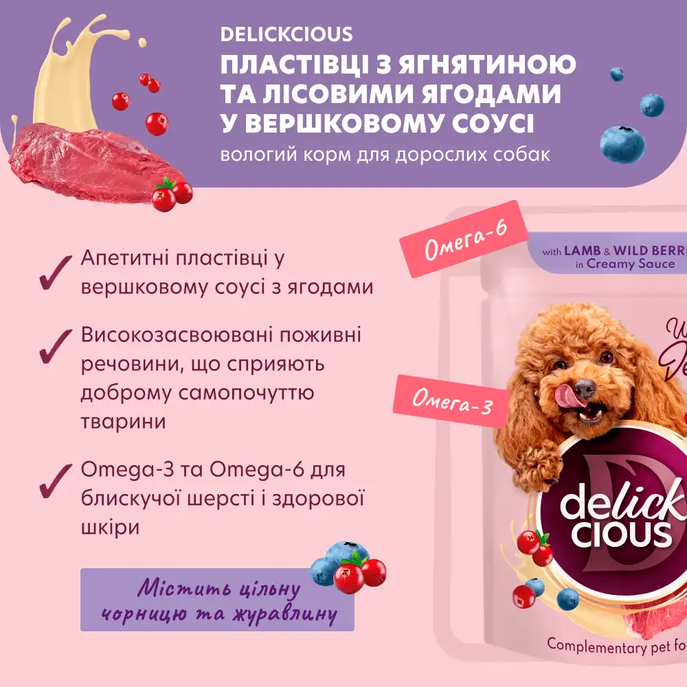 Фото 4 - Корм для собак Delickcious з ягнятиною та лісовими ягодами у вершковому соусі 80 г