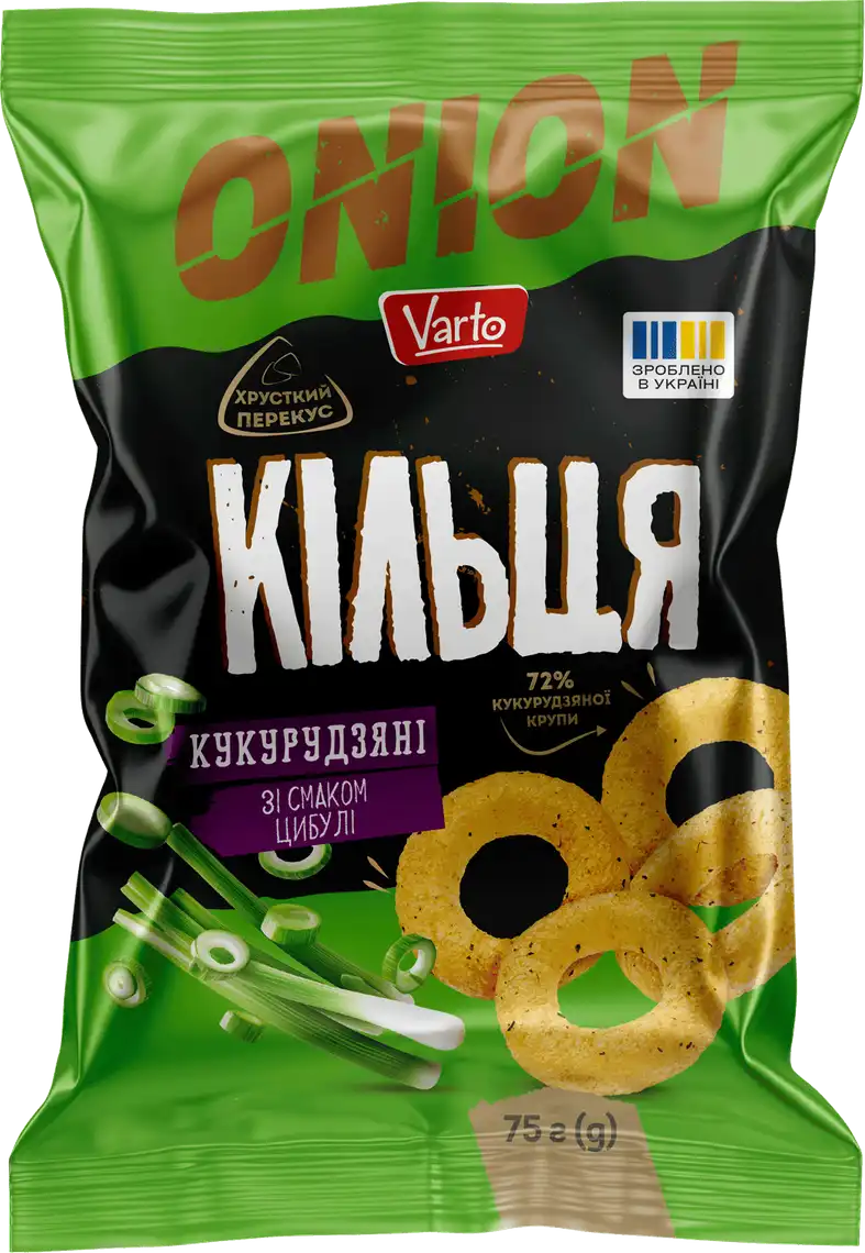 Фото 1 - Кільця кукурудзяні Varto зі смаком цибулі 75 г