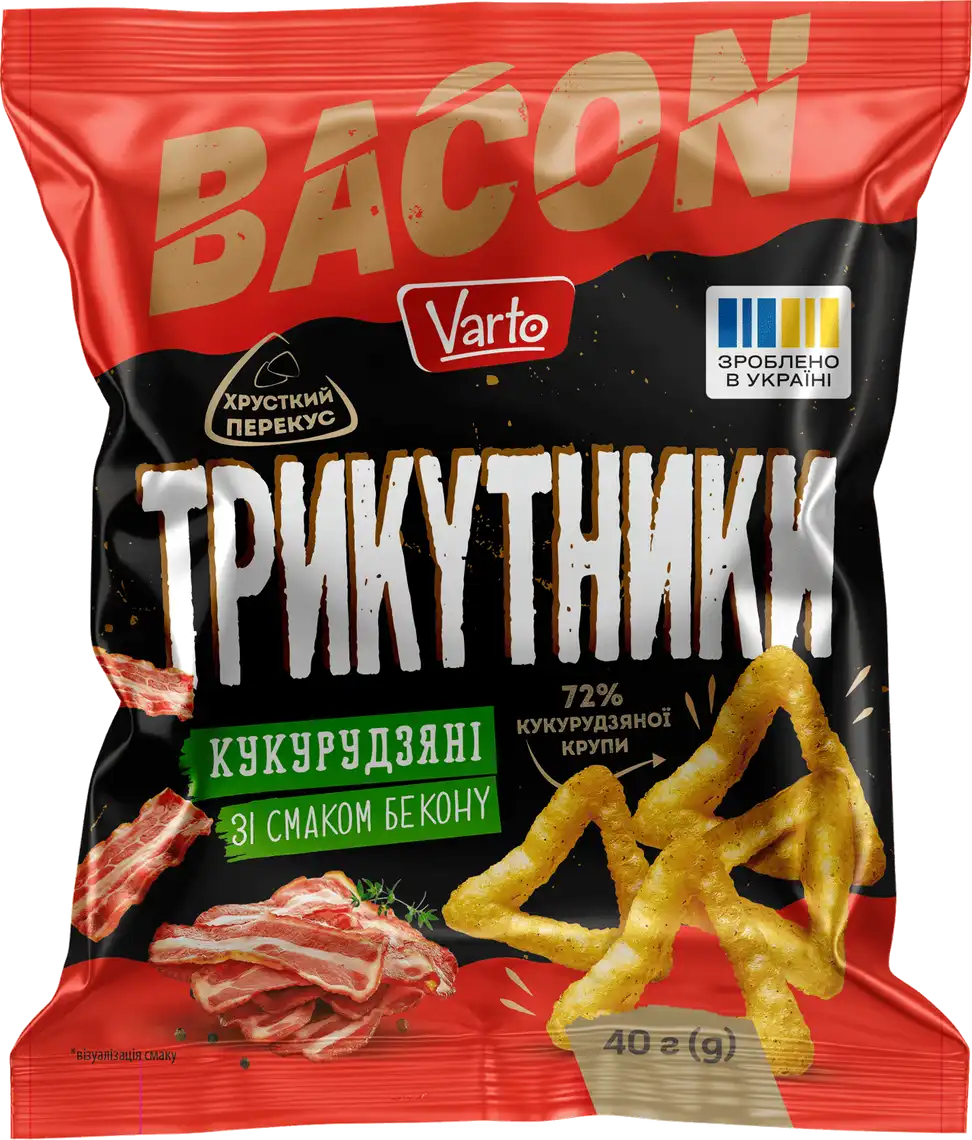 Фото 1 - Трикутники кукурудзяні Varto зі смаком бекону 40 г