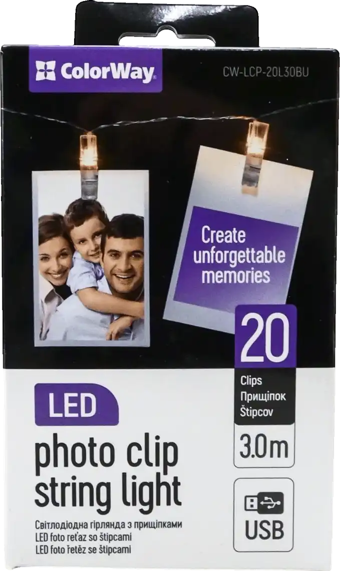 Фото 1 - Гірлянда СolorWay світлодіодна з прищіпками для фото 20 LED з живленням від USB 3 м