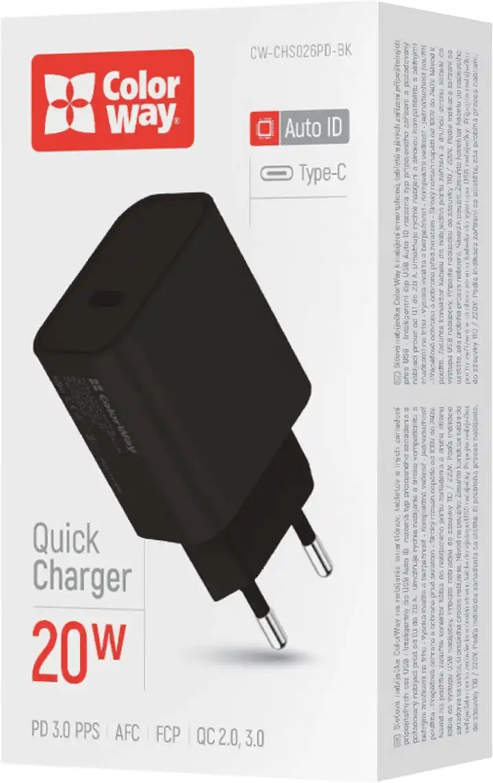 Фото 1 - Зарядний пристрій ColorWay мережевий USB Type-C 20W V2 чорний