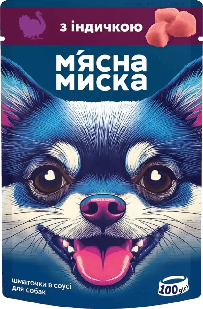 Фото 1 - Корм для собак М`ясна Миска шматочки в соусі з індичкою 100 г