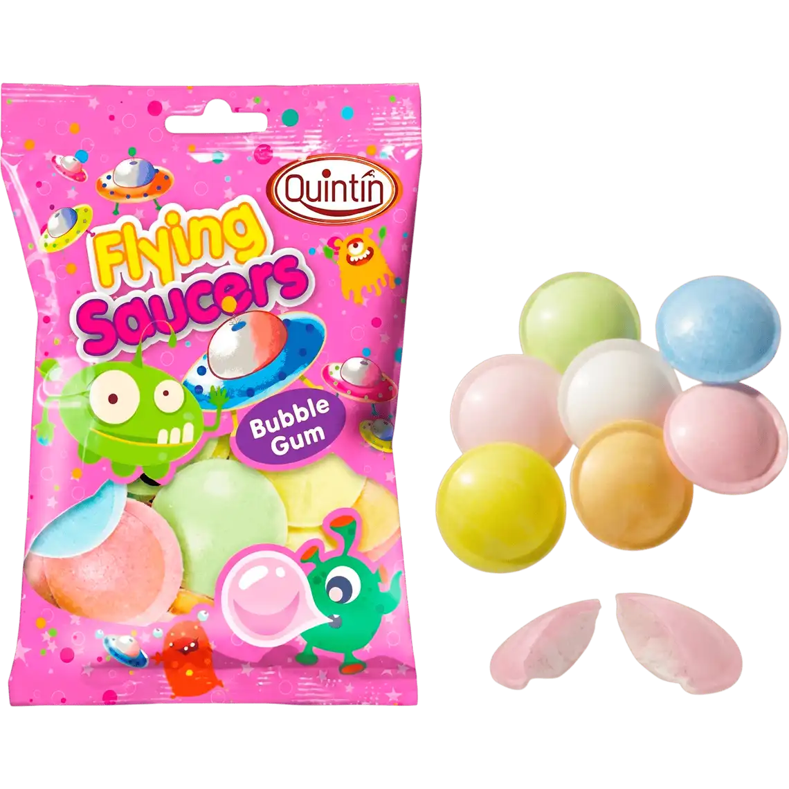 Фото 1 - Цукерки Quintin Flying Saucers Bubble gum вафельні дискові 26 г