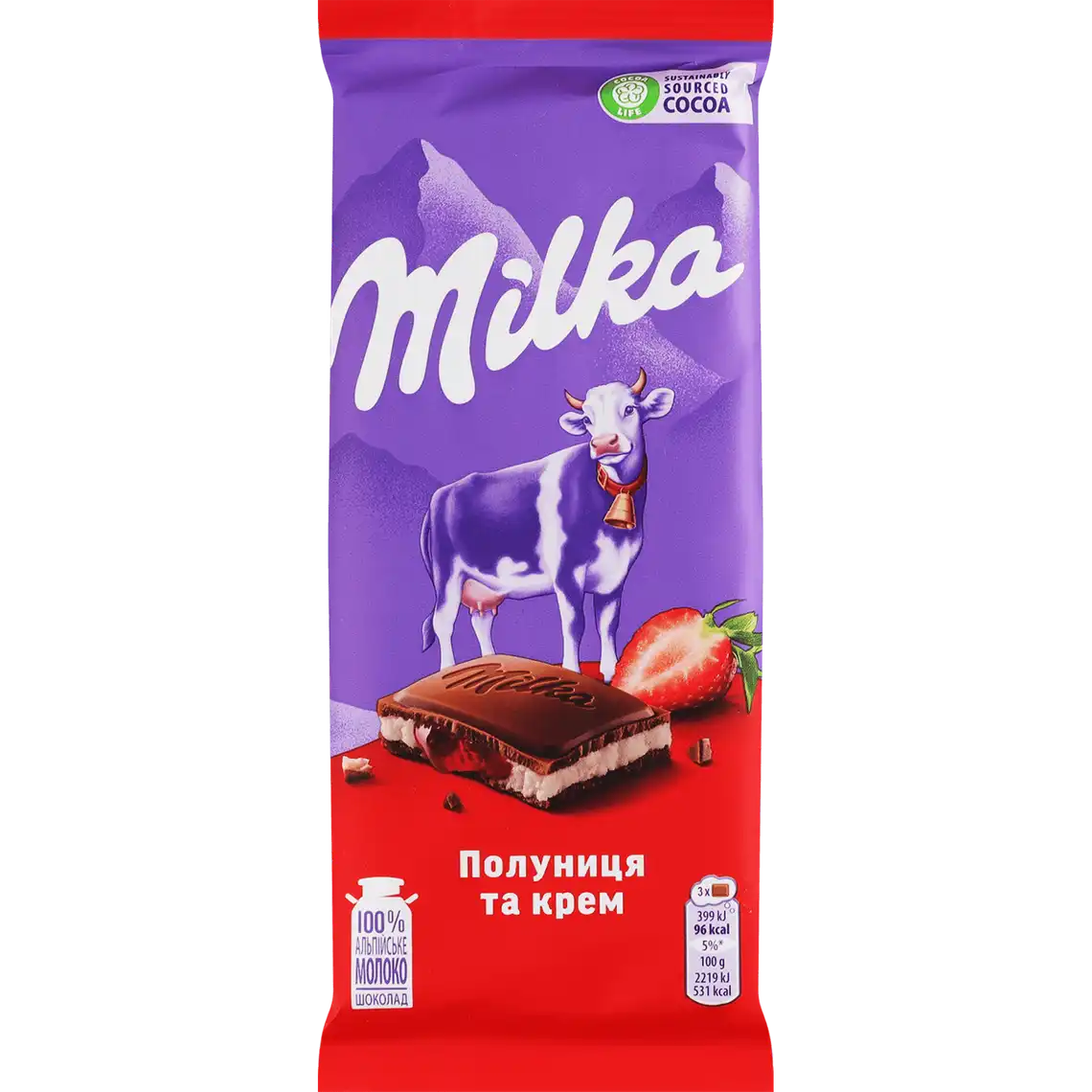 Фото 1 - Шоколад Milka молочний з начинкою полуниці 90 г