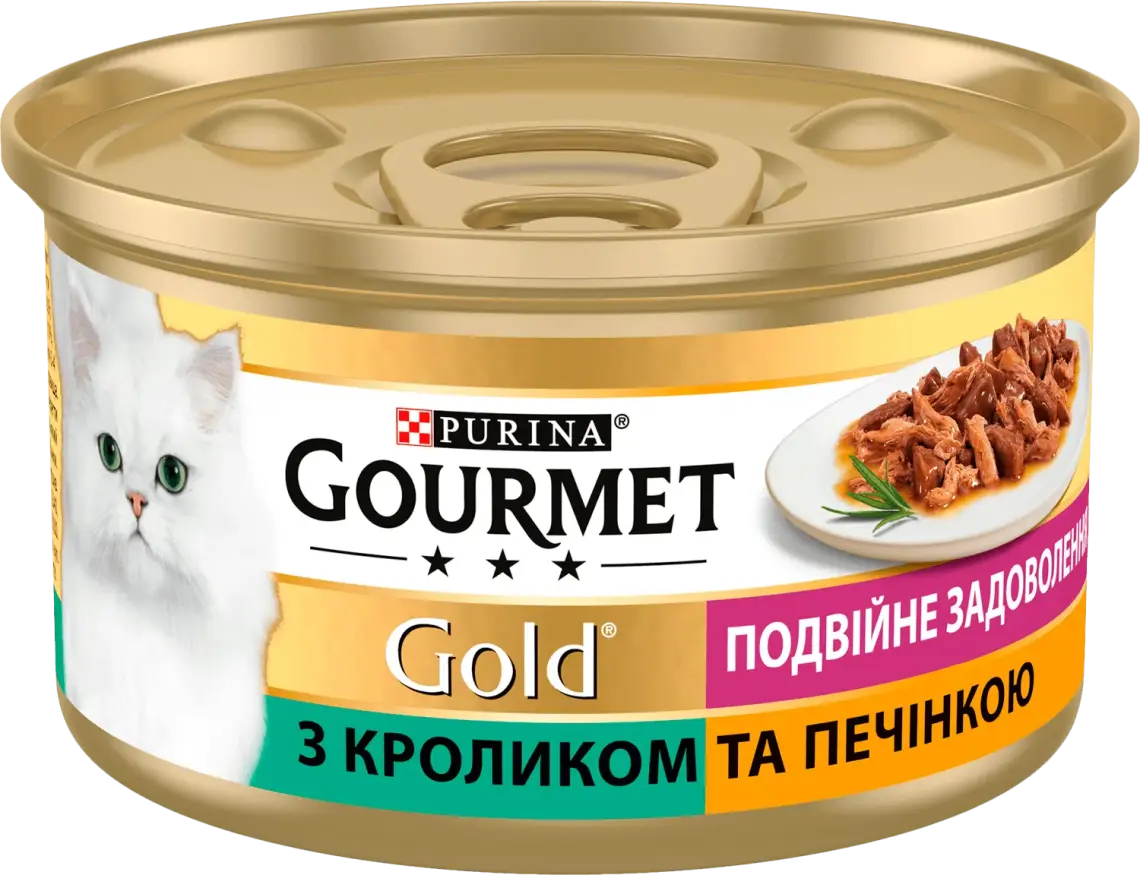 Фото 1 - Консервований корм для котів Gourmet Gold Подвійне задоволення з кроликом і печінкою 85 г