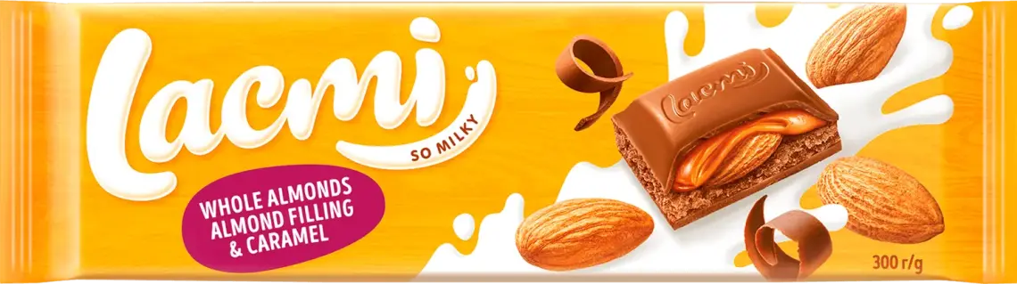 Шоколад Roshen Lacmi молочний з цілим мигдалем, мигдальною