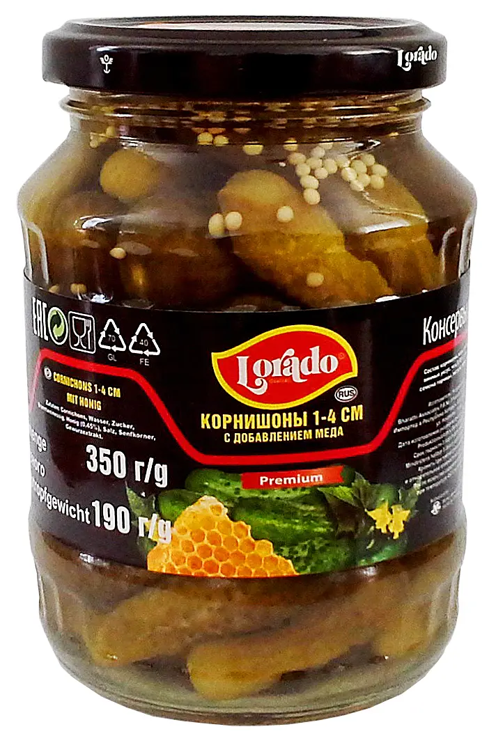 Фото 1 - Корнішони Lorado Premium з медом мариновані 350 г