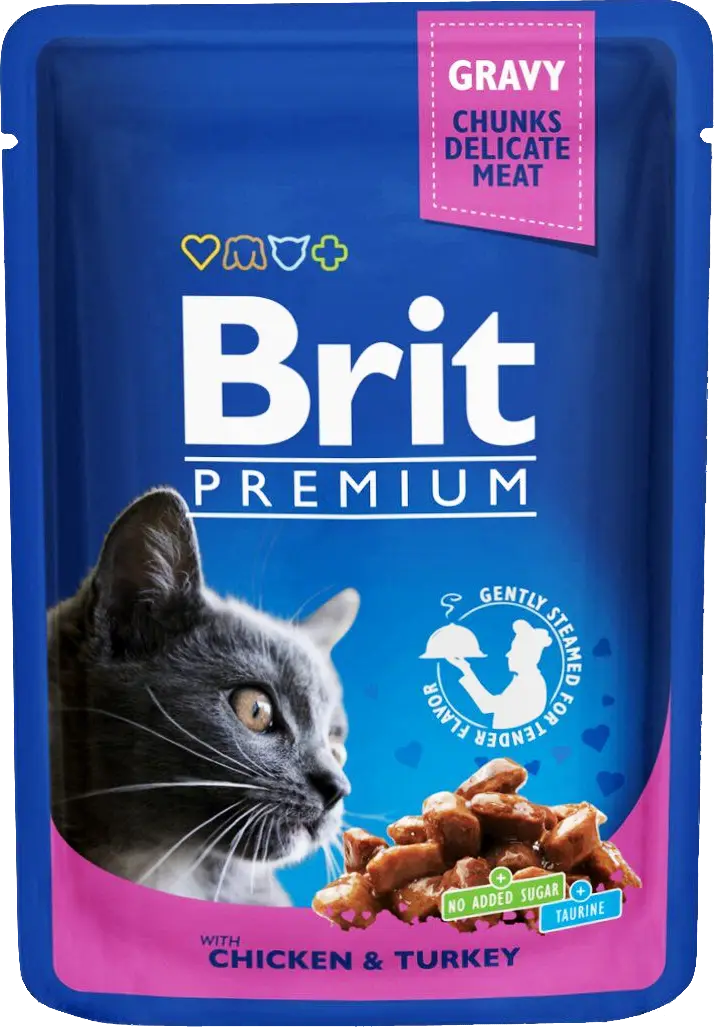Фото 1 - Корм для котів Brit Premium вологий з куркою та індичкою 100 г