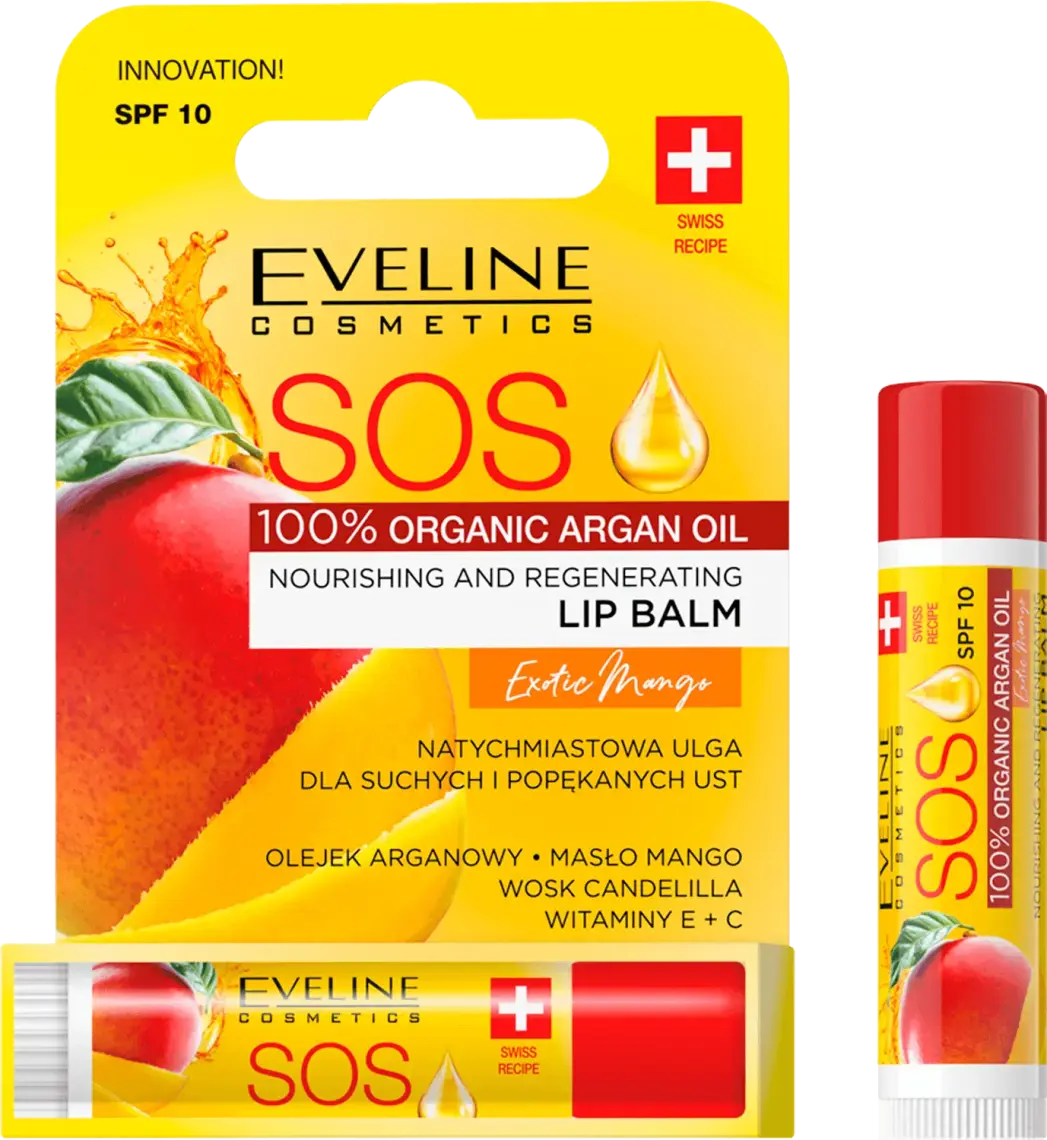 Фото 1 - Бальзам для губ Eveline SOS 100% Organic Argan Oil Exotic Mango живильно-відновлюючий 2 г