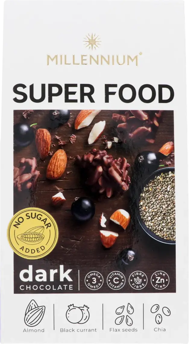 Фото 1 - Цукерки Millennium Super Food шоколад чорний з мигдалем, смородиною, льоном та чіа 55 г