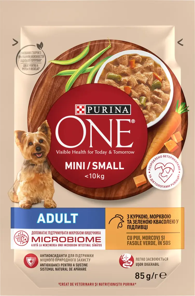 Фото 1 - Корм для собак Purina One Mini Adult з куркою та морквою в соусі 85 г