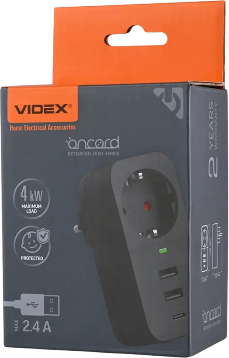 Фото 1 - Мережевий адаптер Videx ONCORD 1п 2.4A 2USB+Type-C з заземленням Black