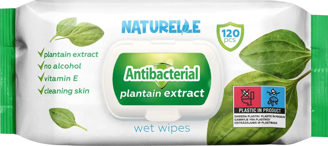 Фото 1 - Серветки вологі Naturelle Antibacterial з екстрактом листя подорожника 120 шт