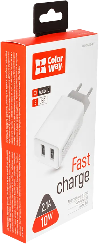 Фото 1 - Зарядний пристрій Colorway 2USB AUTO ID Мережевий білий 2.1A (10W) 