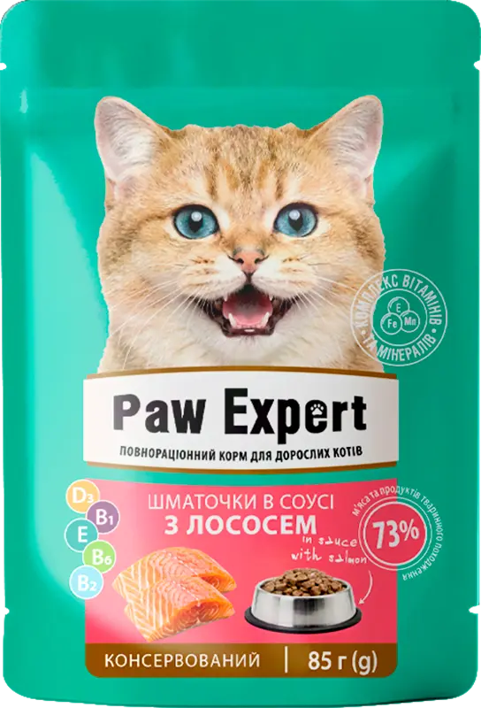 Фото 1 - Корм Varto Paw expert для дорослих котів повноцінний консервований з лососем 85 г
