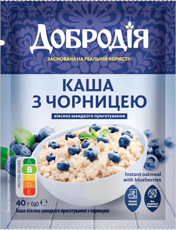 Фото 1 - Каша вівсяна швидкого приготування Добродія з чорницею 40 г