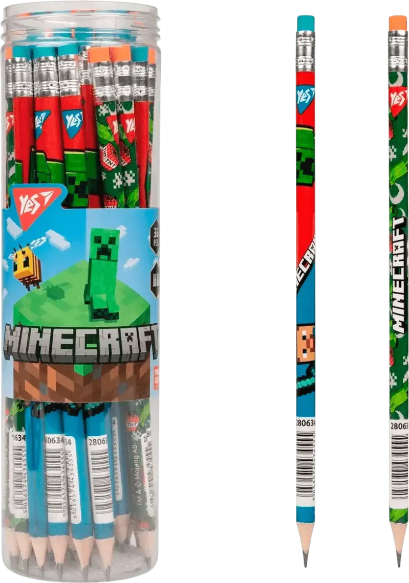 Фото 1 - Олівець Yes! Minecraft чорнографітний круглий в пластиковій тубі мікс з 2 дизайнів 36 шт
