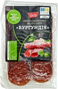 Фото 7 - Ковбаса Varto Бургундія сирокопчена вищого гатунку нарізка 80 г