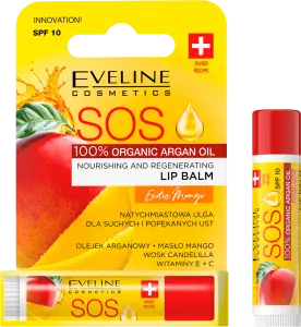 Фото 3 - Бальзам для губ Eveline SOS 100% Organic Argan Oil Exotic Mango живильно-відновлюючий 2 г