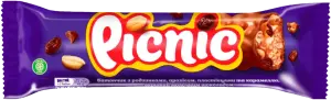 Фото 10 - Батончик Picnic з карамельною начинкою, арахісом, пластівцями і родзинками 48г