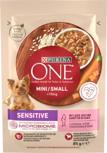 Фото 10 - Корм для собак Purina One Mini Sensitive з рисом та морквою для чутливого травлення 85 г