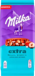 Фото 3 - Шоколад Milka Екстра молочний з мигдалем, фундуком та шматочками кокосового печива 130 г