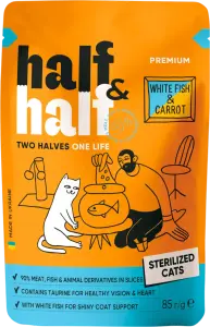 Фото 3 - Корм для стерилізованих котів Half&Half шматочки з білою рибою та морквою в соусі 85 г