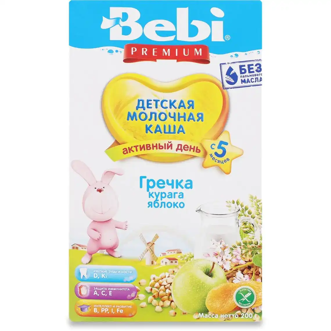 Дитяча каша Bebi Premium молочна Гречка, курага, яблуко з 5-ти місяців, 200 г