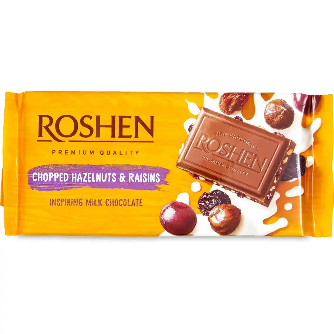Шоколад Roshen екстра молочний з родзинками та лісовим горіхом 90 г