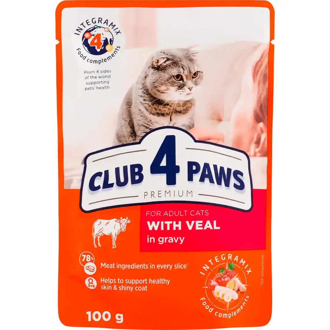 Корм для котов Клуб 4 Лапы Premium влажный с телятиной в соусе 100 г